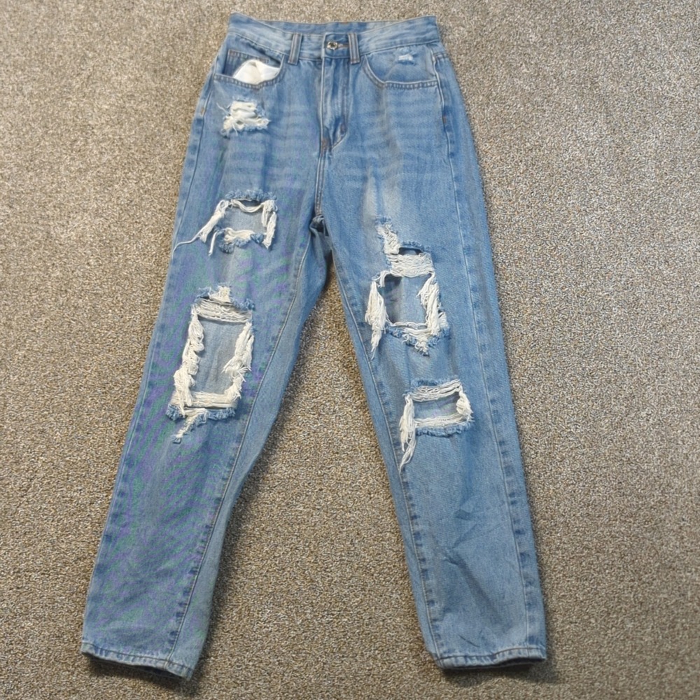 Distressed High Waisted Mom Jeans Womens Size 2 XS Light Wash Ripped Denim